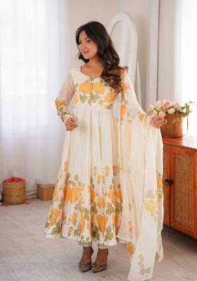 Off White Floral Print Silk Kurta Set