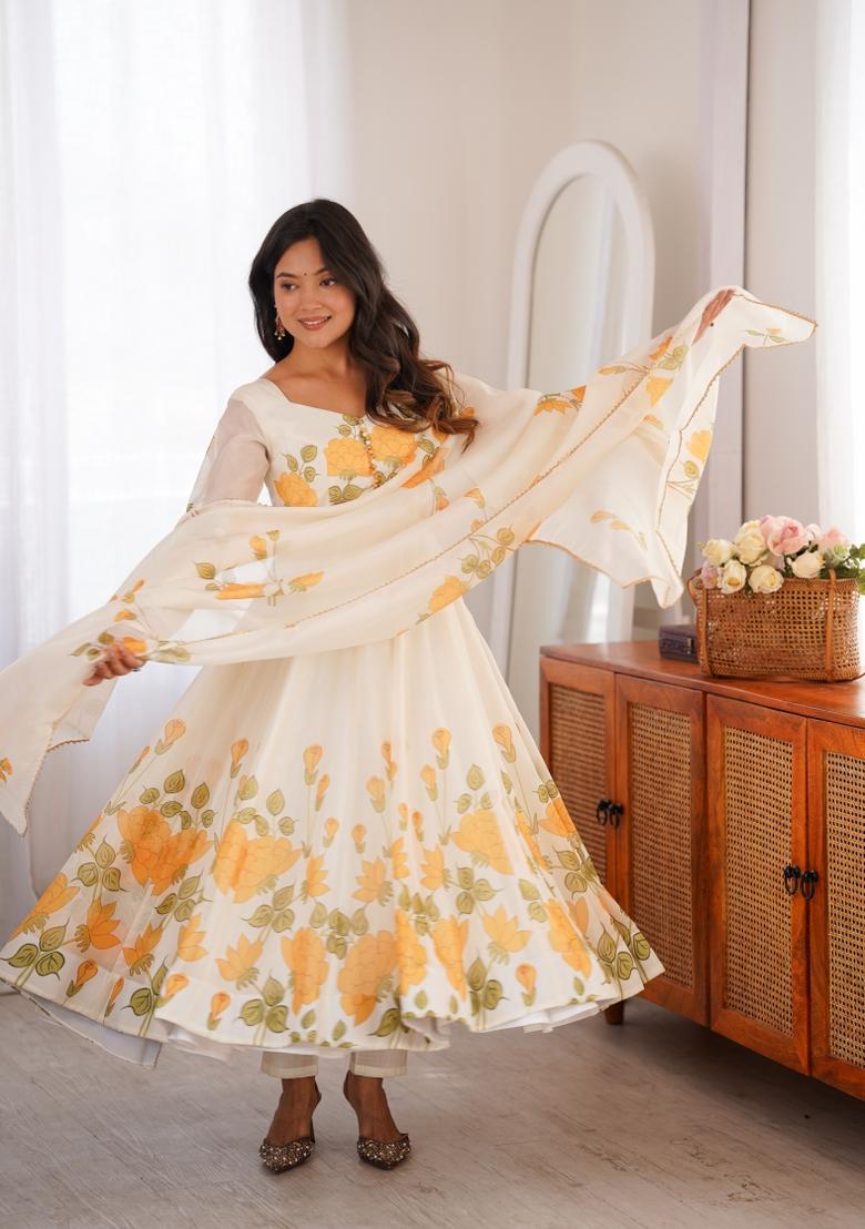 Off White Floral Print Silk Kurta Set - Indya