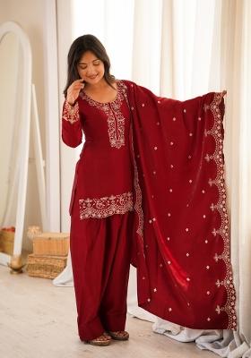 Red Sequin Work Silk Kurta Set