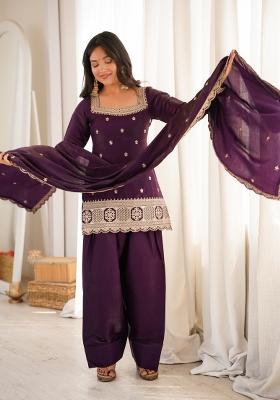 Wine Sequin Work Silk Kurta Set