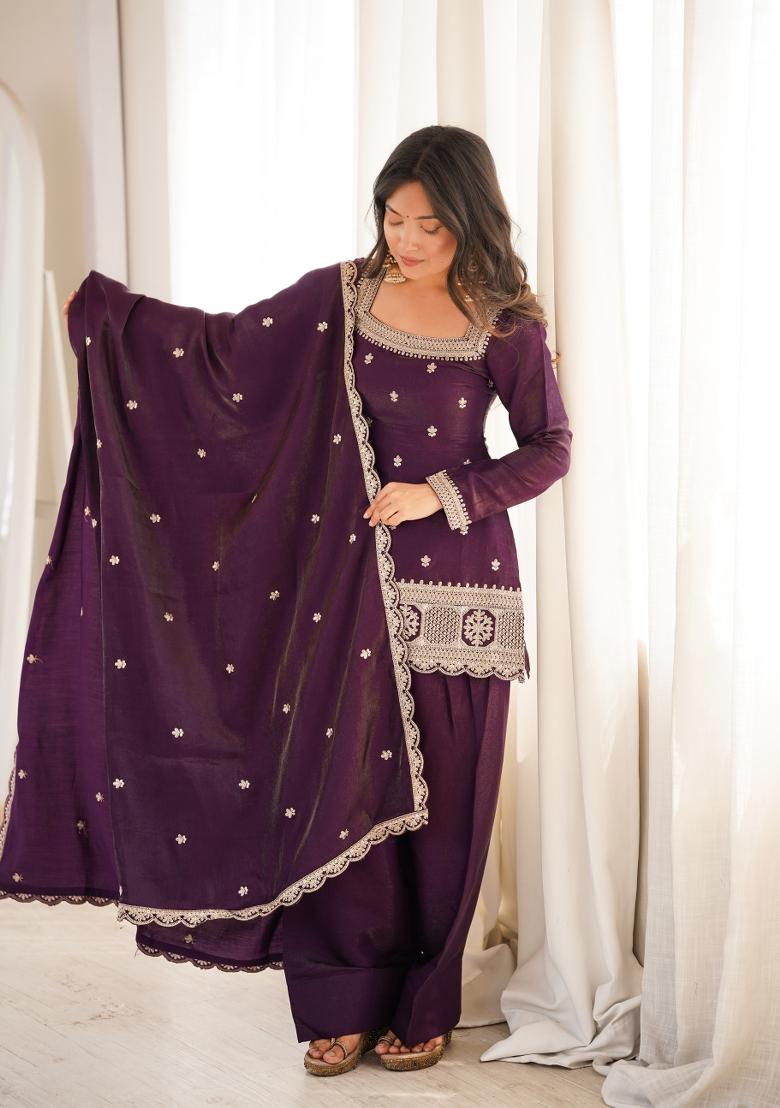 Wine Sequin Work Silk Kurta Set - Indya