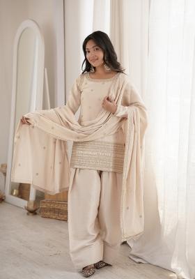 Off White Sequin Work Silk Kurta Set