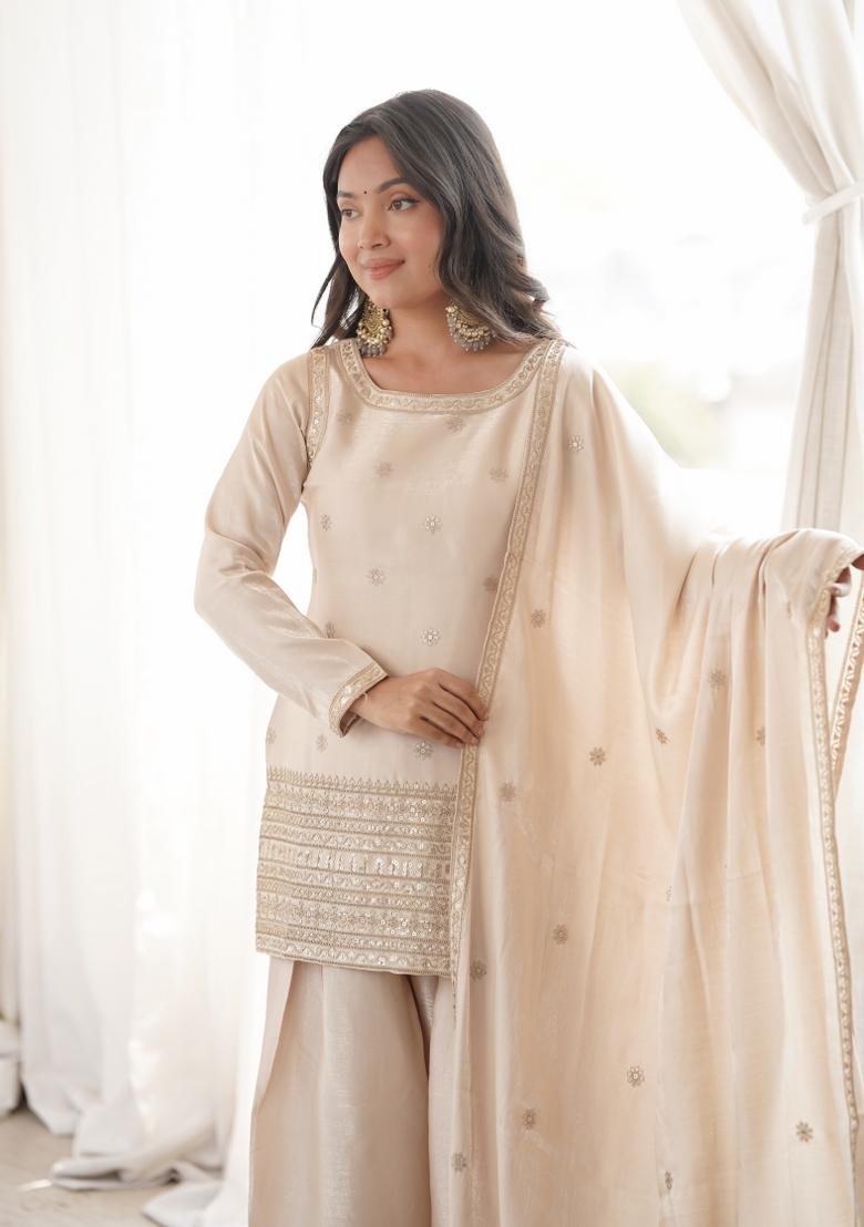 Off White Sequin Work Silk Kurta Set - Indya