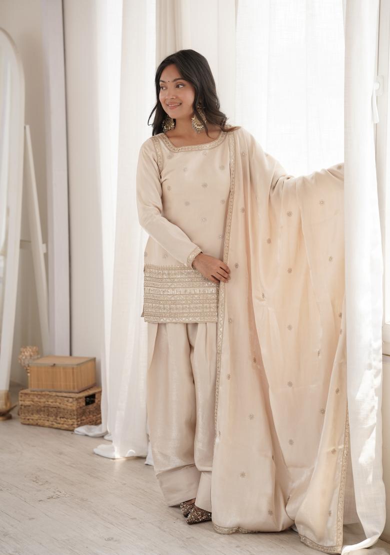 Off White Sequin Work Silk Kurta Set - Indya