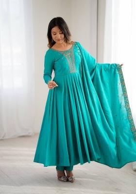 Teal Beads Work Silk Kurta Set