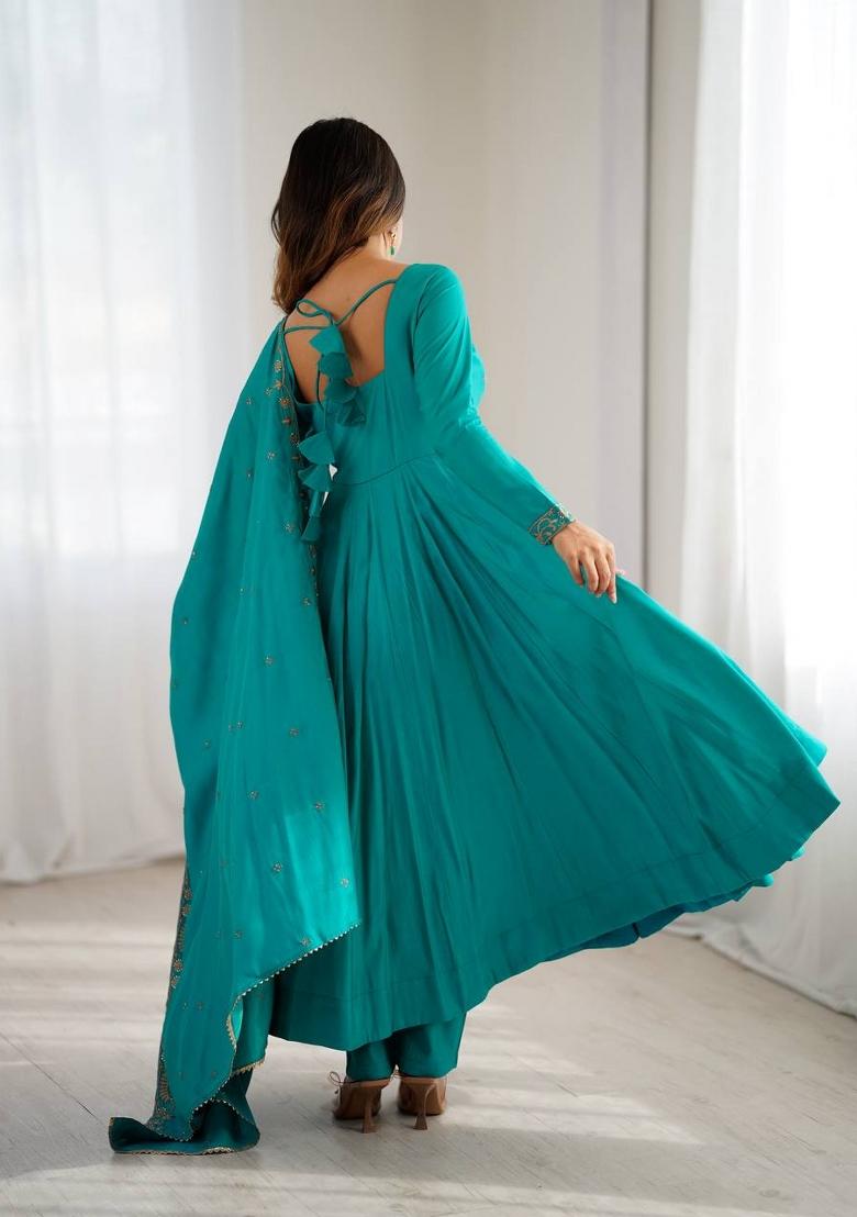 Teal Beads Work Silk Kurta Set - Indya