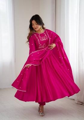 Dark Pink Beads Work Silk Kurta Set
