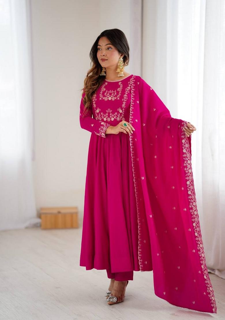 Dark Pink Beads Work Silk Kurta Set - Indya