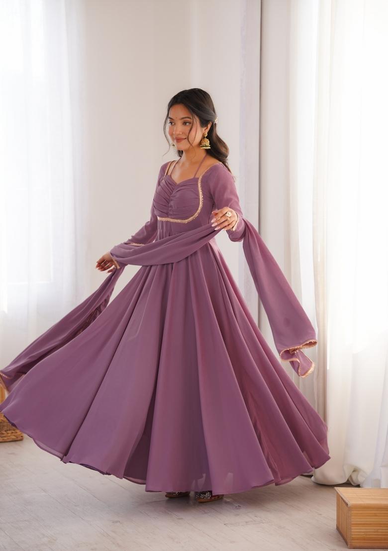 Pink Kota Doria Georgette Gown With Dupatta - Indya