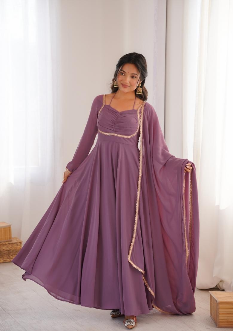 Pink Kota Doria Georgette Gown With Dupatta - Indya