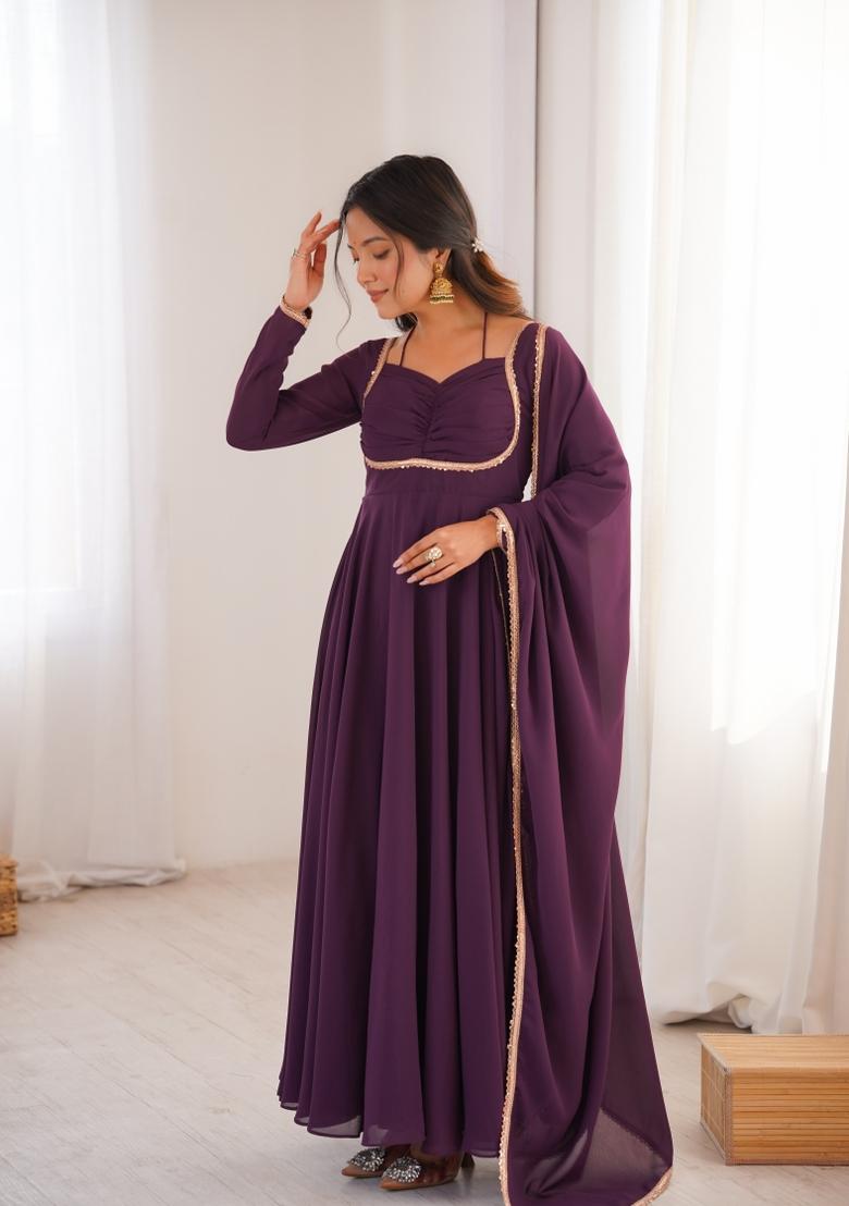 Wine Kota Doria Georgette Gown With Dupatta - Indya