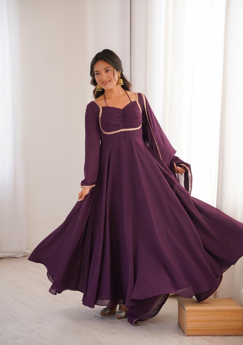 Wine Kota Doria Georgette Gown With Dupatta - Indya