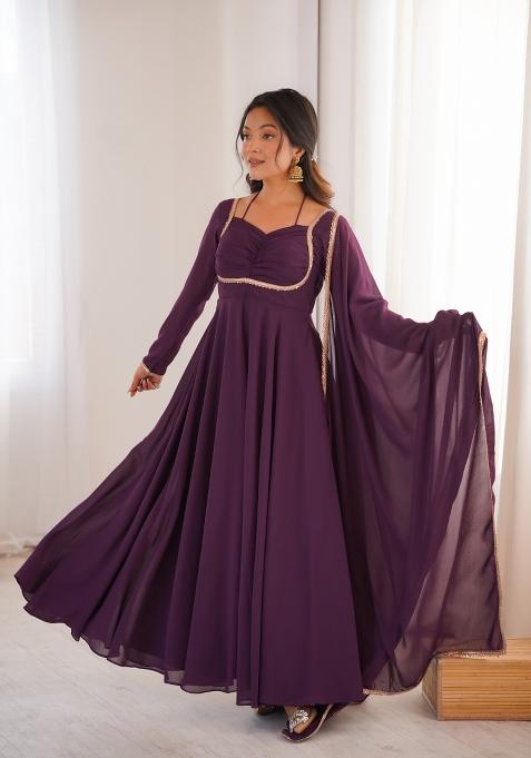 Wine Kota Doria Georgette Gown With Dupatta