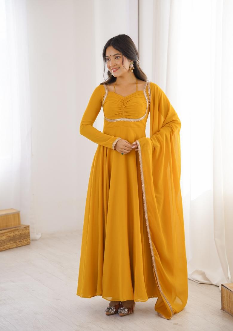 Yellow Kota Doria Georgette Gown With Dupatta - Indya