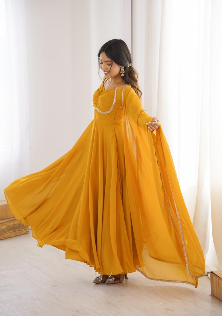 Yellow Kota Doria Georgette Gown With Dupatta - Indya