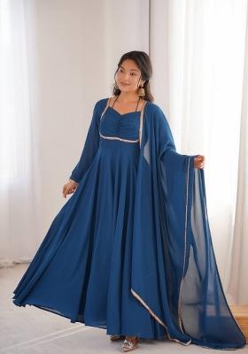 Teal Blue Kora Silk Georgette Gown With Dupatta