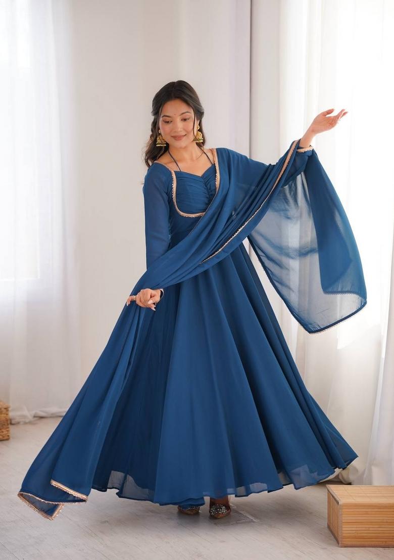 Teal Blue Kora Silk Georgette Gown With Dupatta - Indya