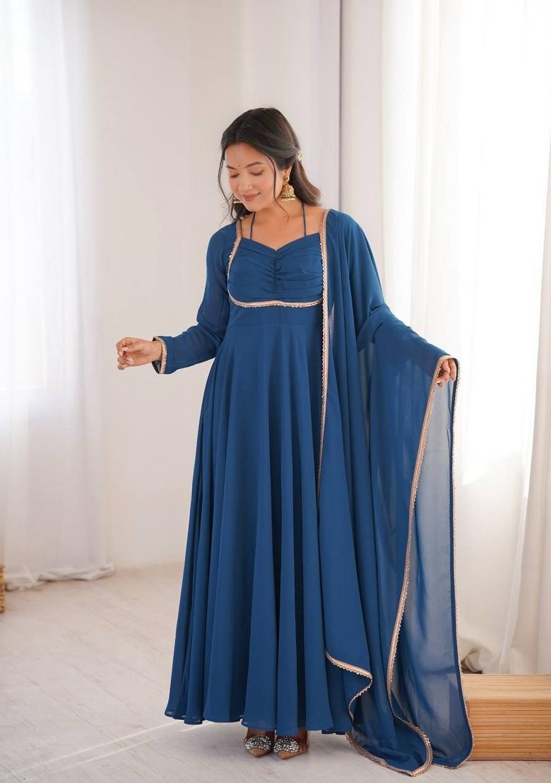 Teal Blue Kora Silk Georgette Gown With Dupatta - Indya