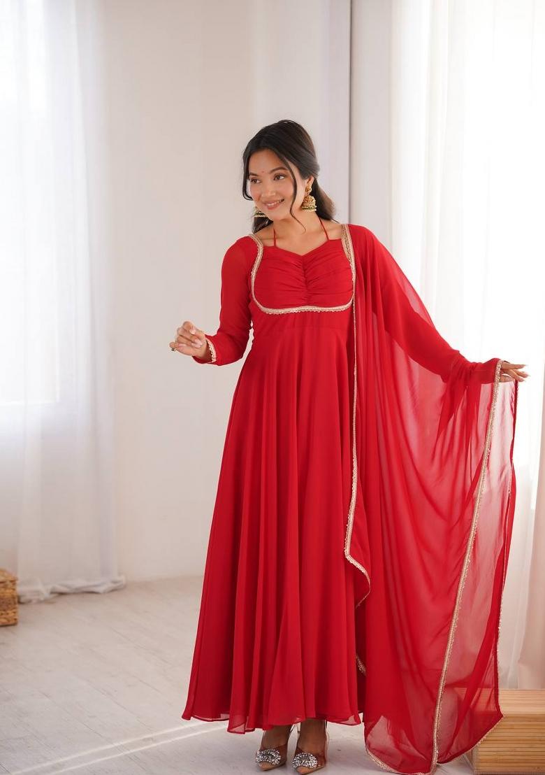 Red Kora Silk Georgette Gown With Dupatta - Indya