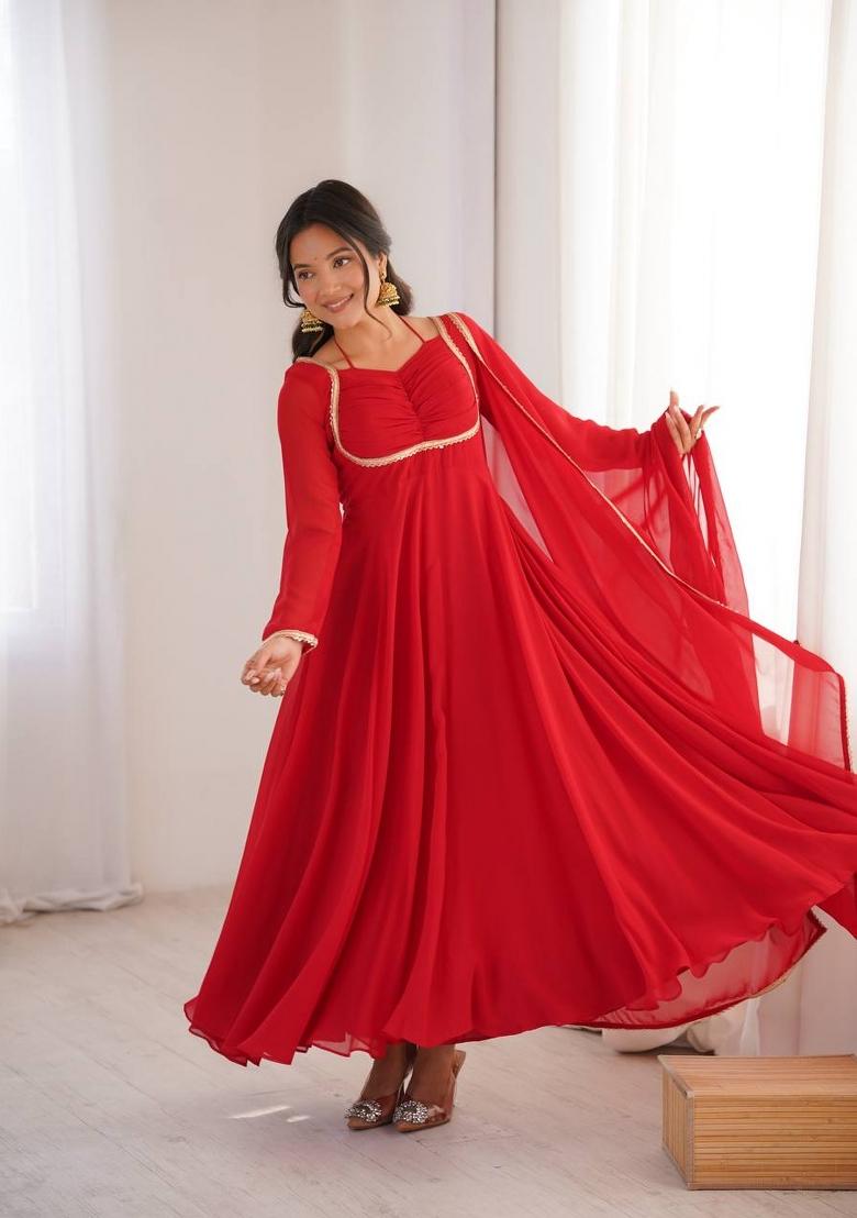 Red Kora Silk Georgette Gown With Dupatta - Indya
