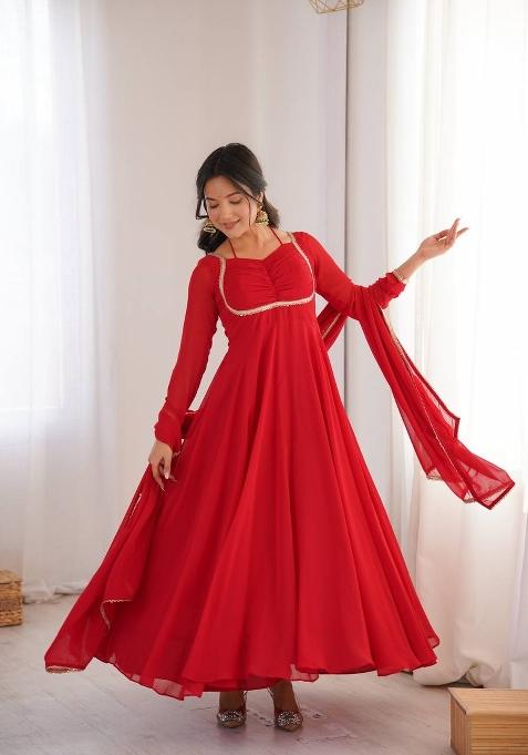 Red Kora Silk Georgette Gown With Dupatta