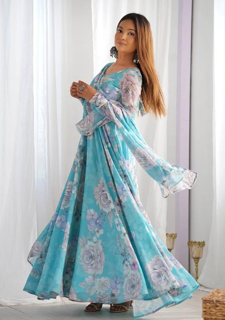 Sky Blue Floral Print Georgette Gown With Dupatta - Indya
