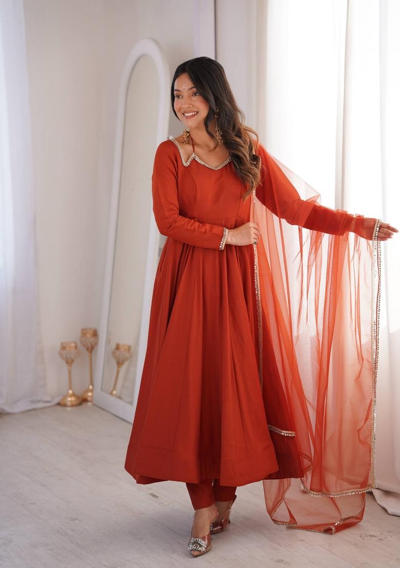 Orange Mirror Work Chanderi Kurta Set - Indya