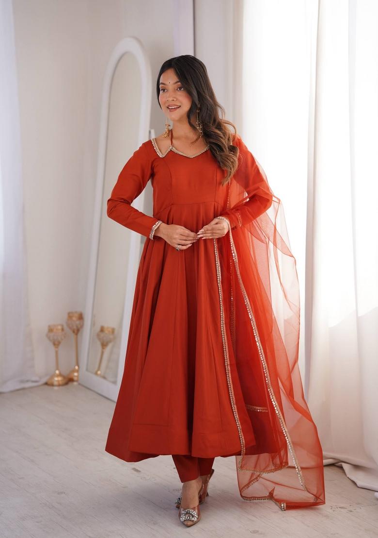 Orange Mirror Work Chanderi Kurta Set - Indya