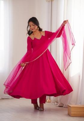 Dark Pink Mirror Work Chanderi Kurta Set