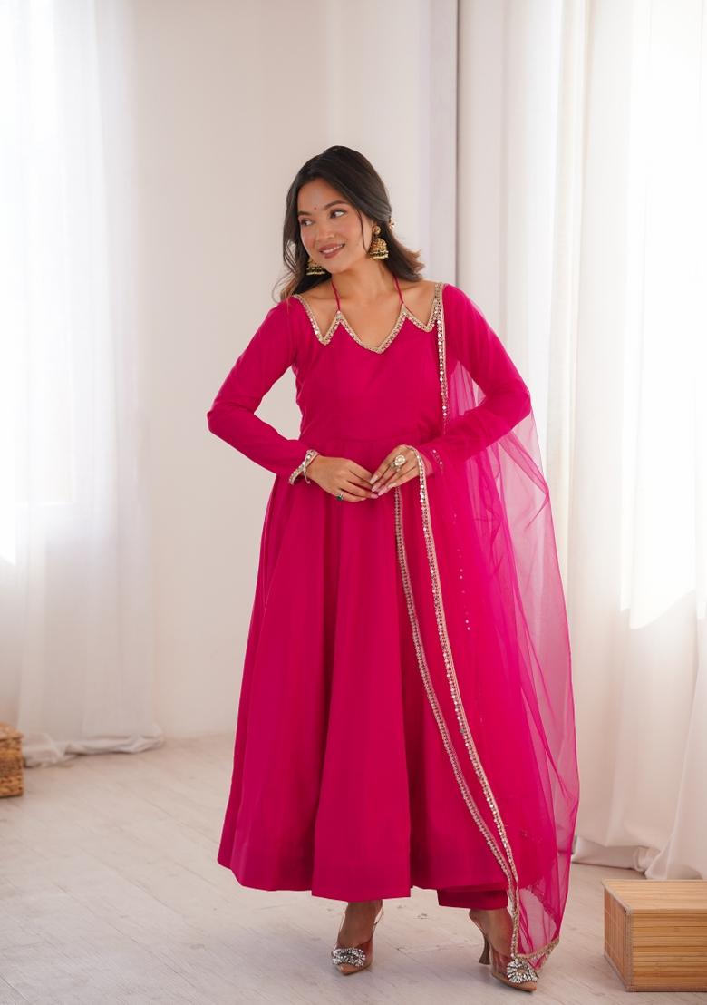 Dark Pink Mirror Work Chanderi Kurta Set - Indya