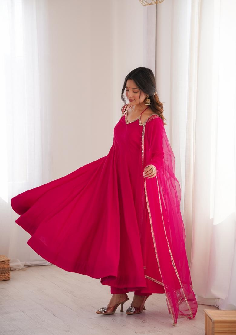 Dark Pink Mirror Work Chanderi Kurta Set - Indya