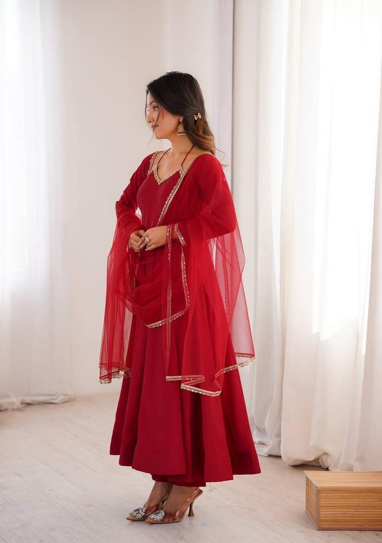 Maroon Mirror Work Chanderi Kurta Set - Indya