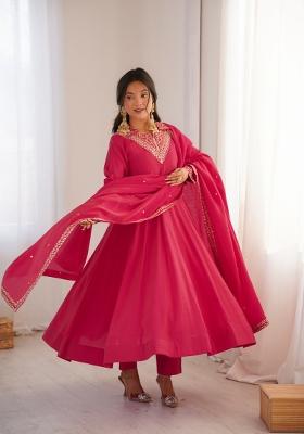 Dark Pink Sequin Work Silk Kurta Set