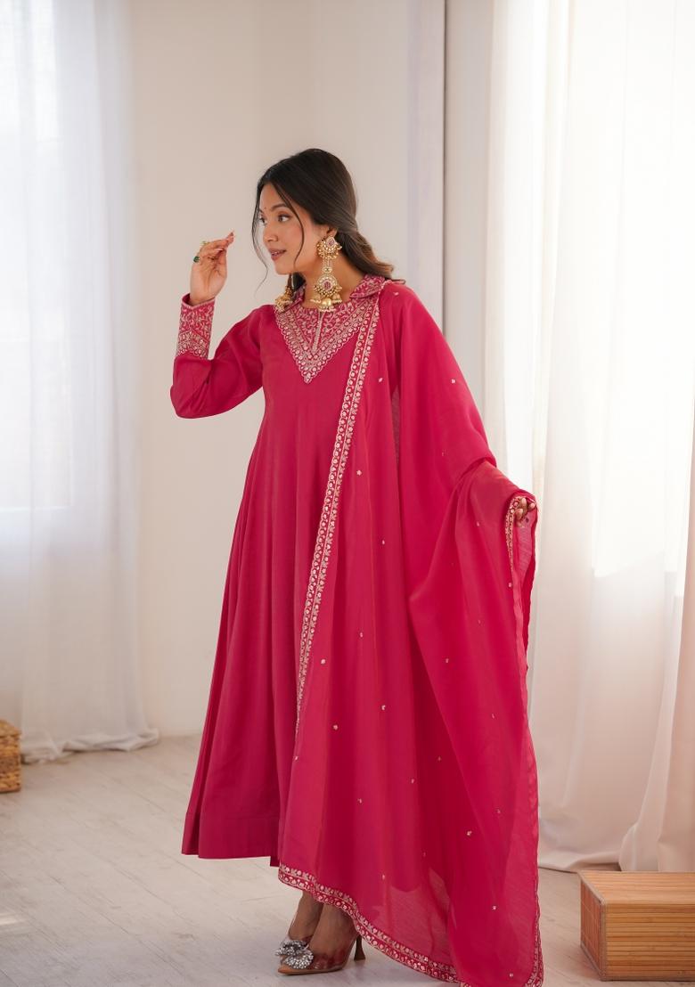 Dark Pink Sequin Work Silk Kurta Set - Indya