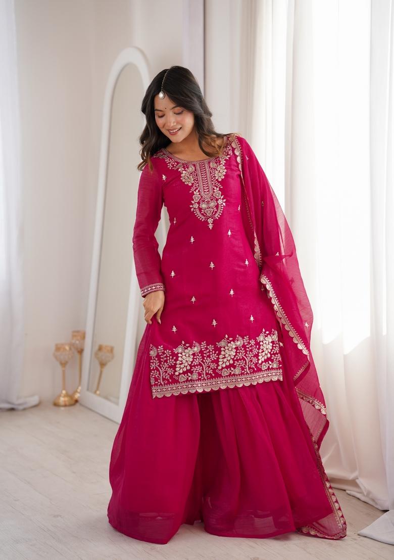 Dark Pink Sequin Work Silk Kurta Set - Indya