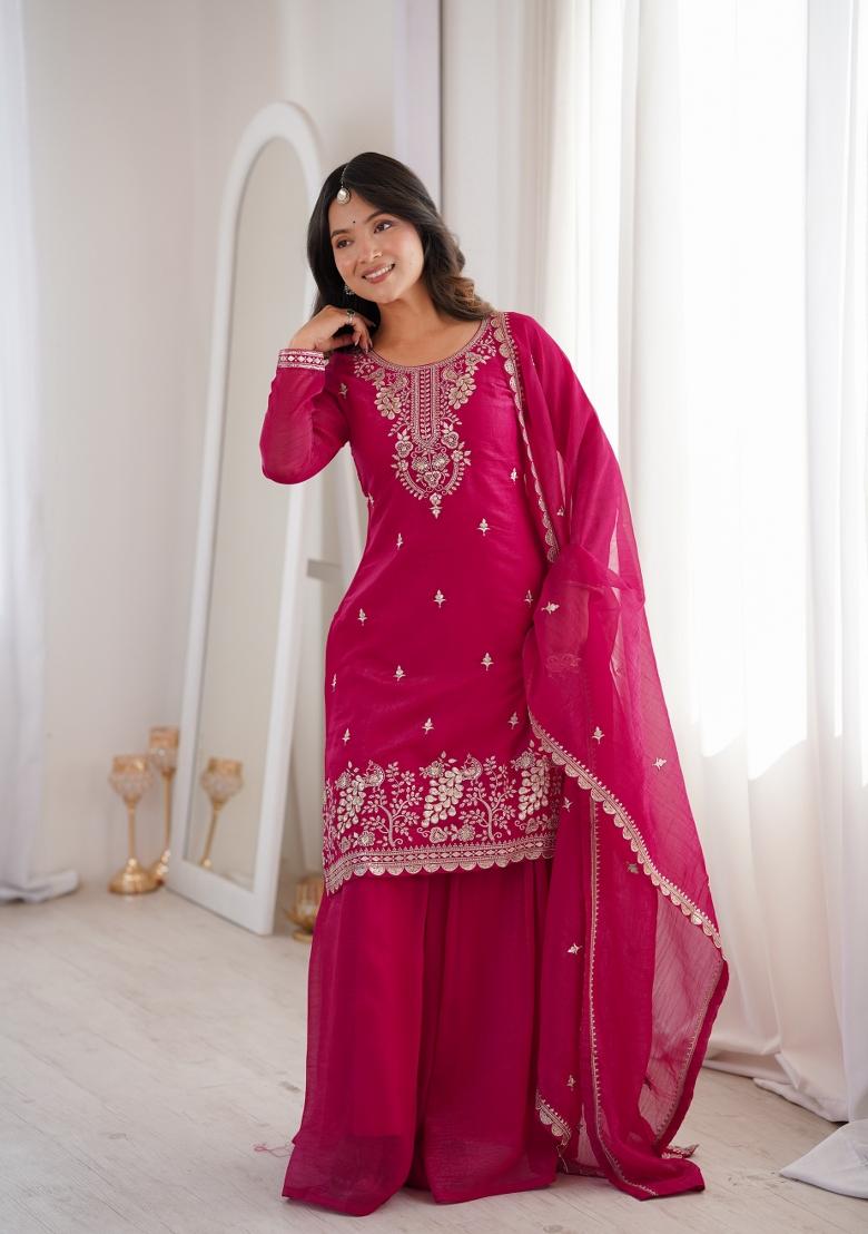Dark Pink Sequin Work Silk Kurta Set - Indya
