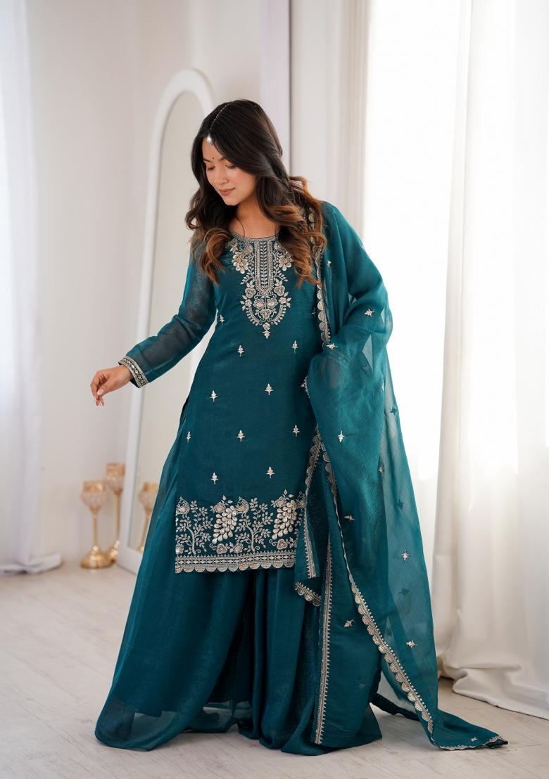 Teal Blue Sequin Work Silk Kurta Set - Indya
