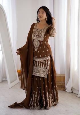 Brown Sequin Work Silk Kurta Set
