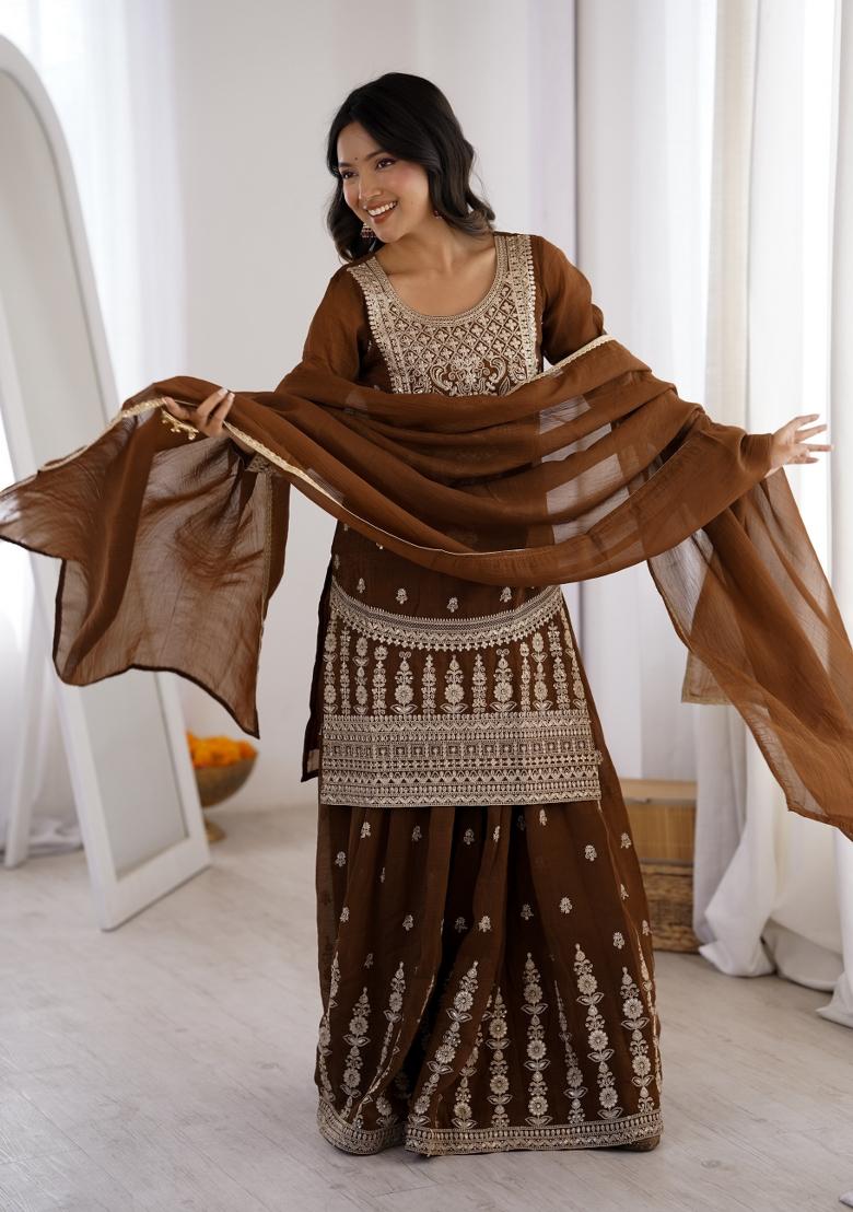 Brown Sequin Work Silk Kurta Set - Indya