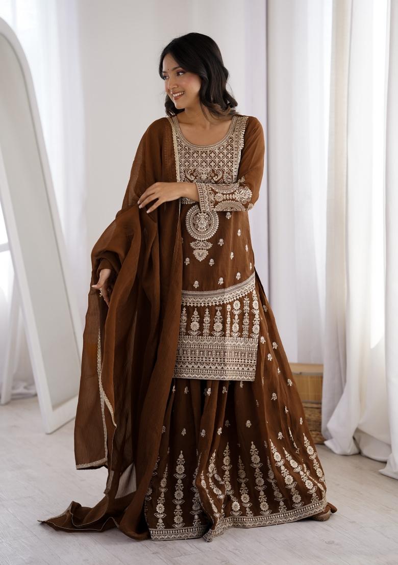 Brown Sequin Work Silk Kurta Set - Indya