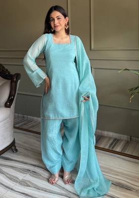 Sky Blue Border Work Silk Kurta Set
