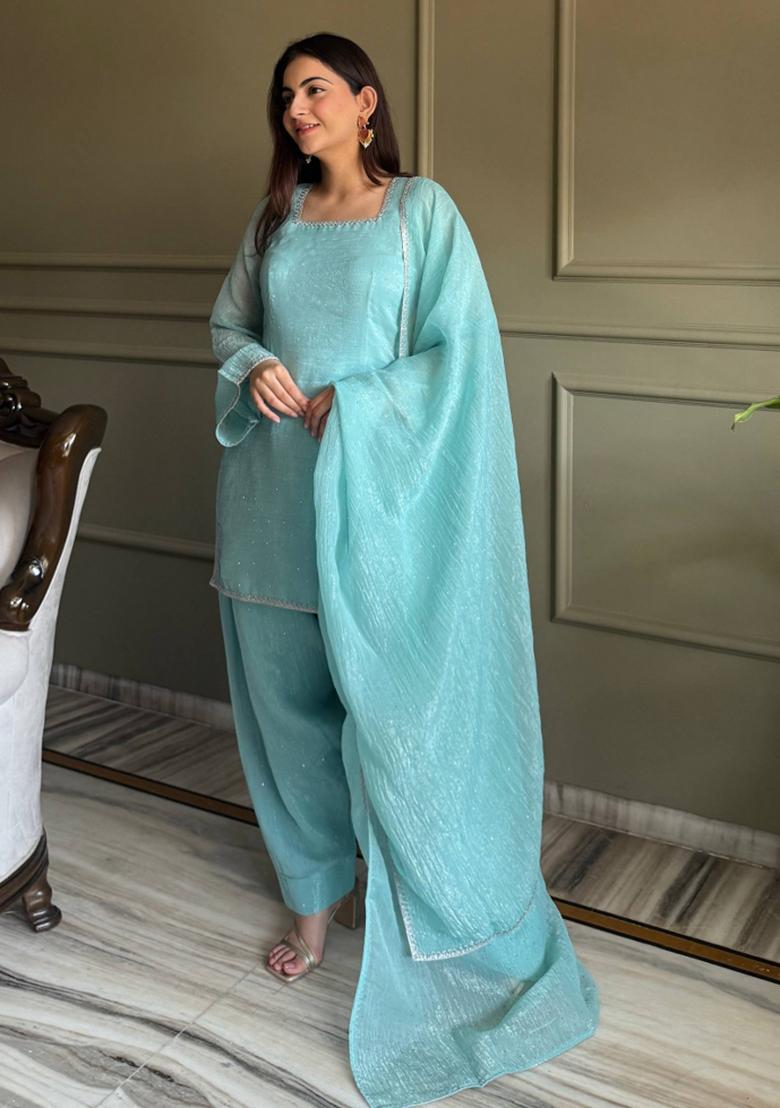 Sky Blue Border Work Silk Kurta Set - Indya