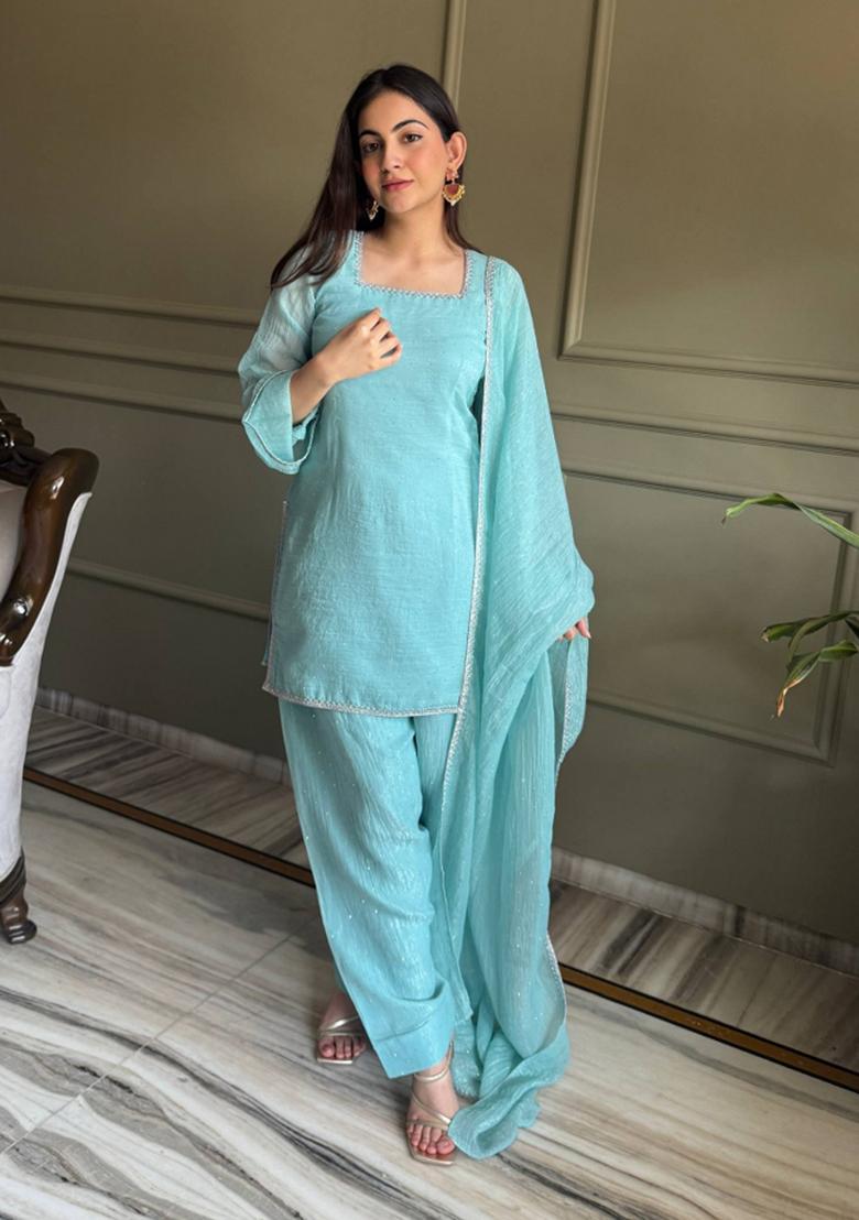 Sky Blue Border Work Silk Kurta Set - Indya