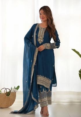 Teal Blue Sequin Work Silk Kurta Set