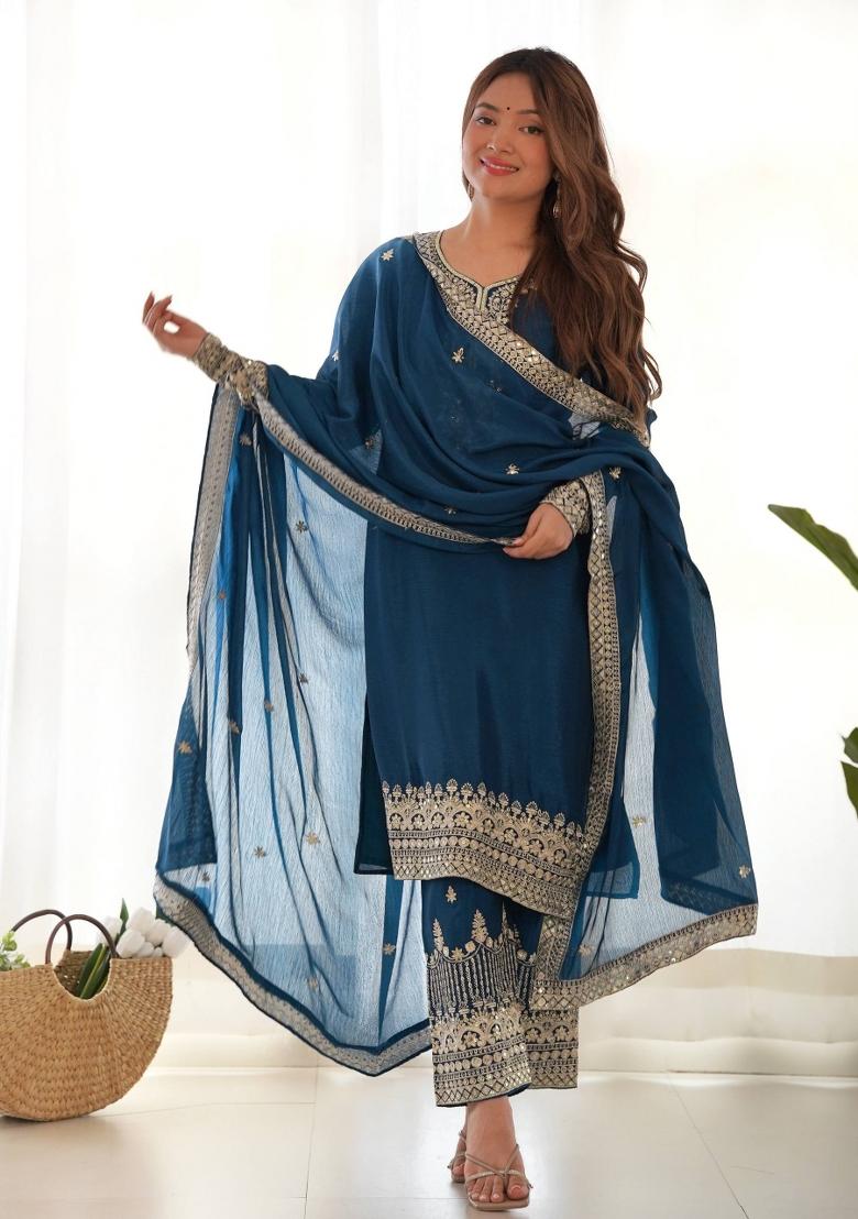 Teal Blue Sequin Work Silk Kurta Set - Indya