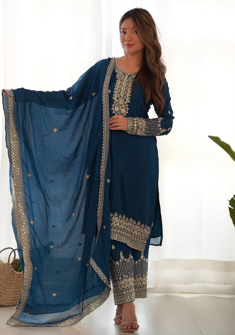 Teal Blue Sequin Work Silk Kurta Set - Indya