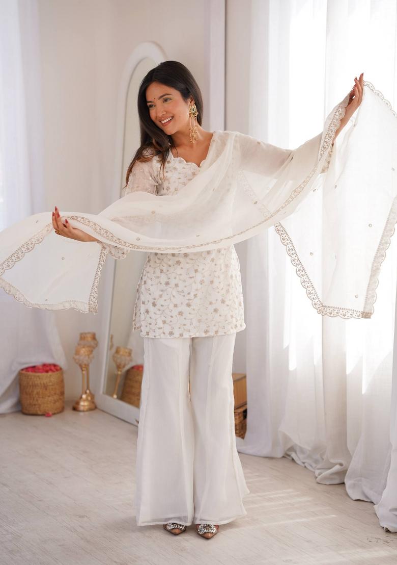 Off White Sequin Work Silk Kurta Set - Indya