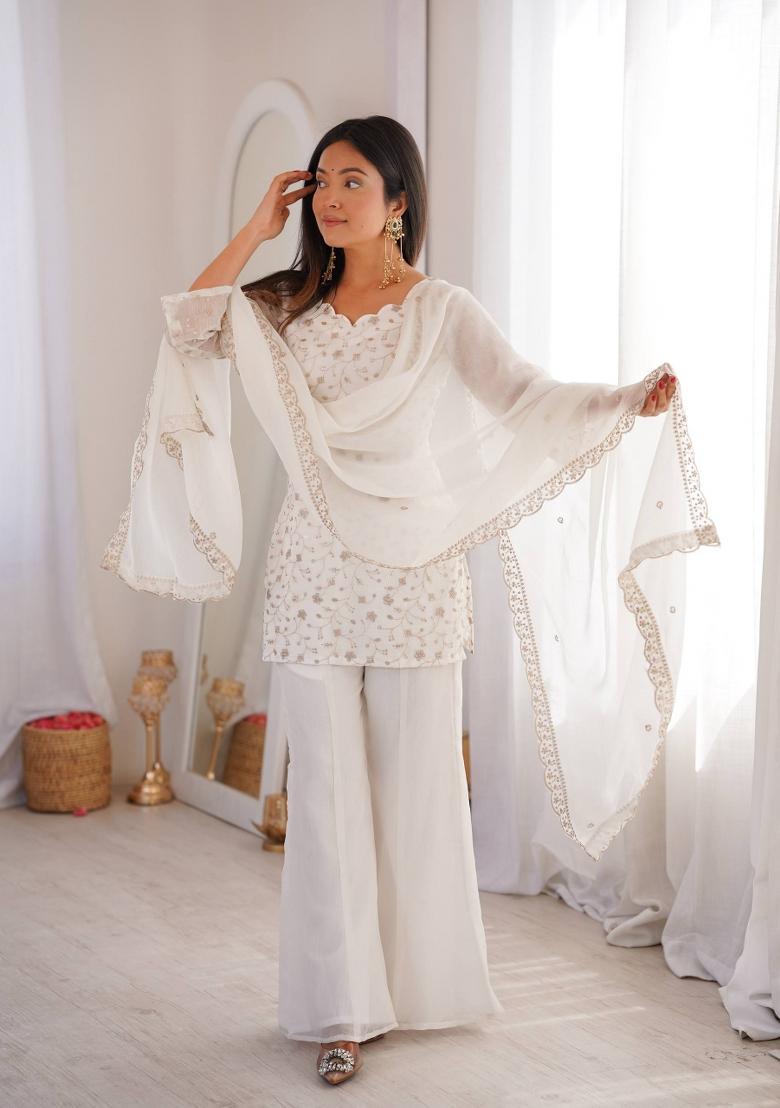 Off White Sequin Work Silk Kurta Set - Indya