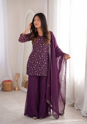 Wine Sequin Work Silk Kurta Set