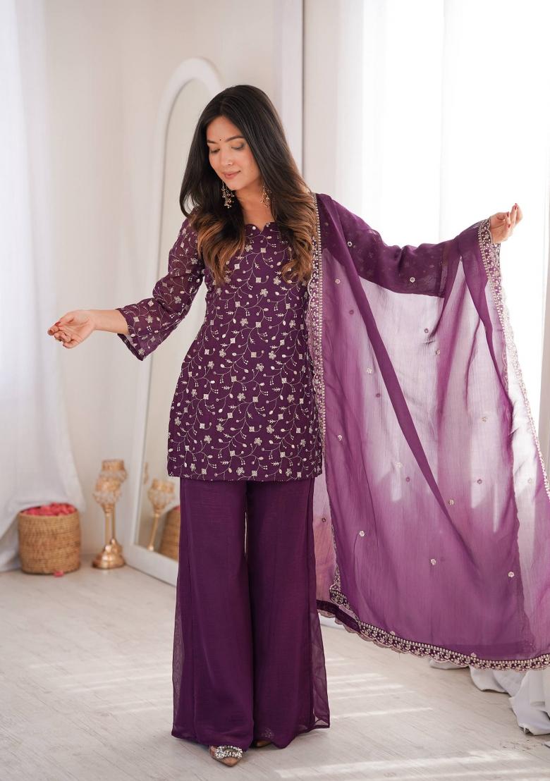 Wine Sequin Work Silk Kurta Set - Indya